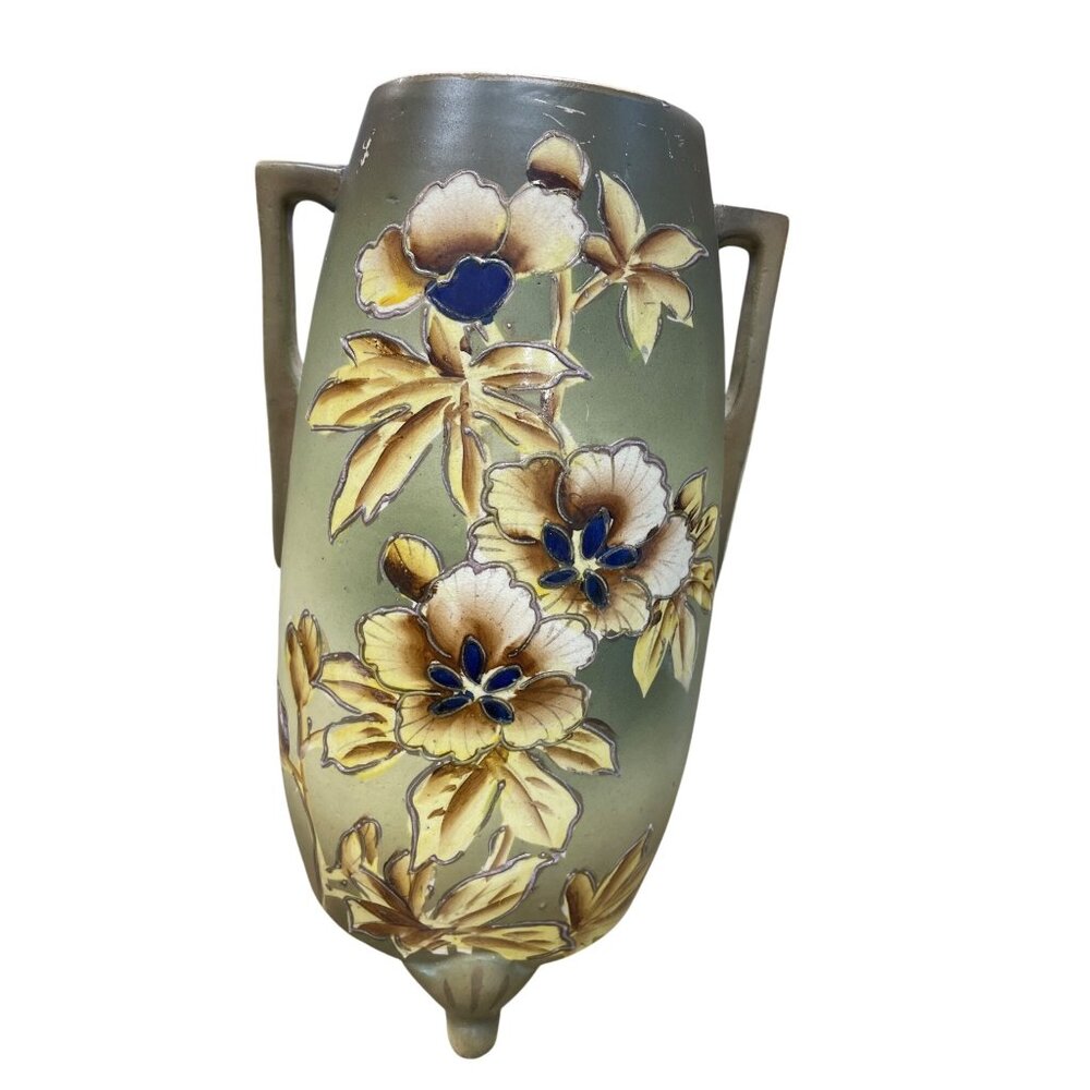 Antique Art pottery floral green blue footed 12.5" vase SKU 9814
